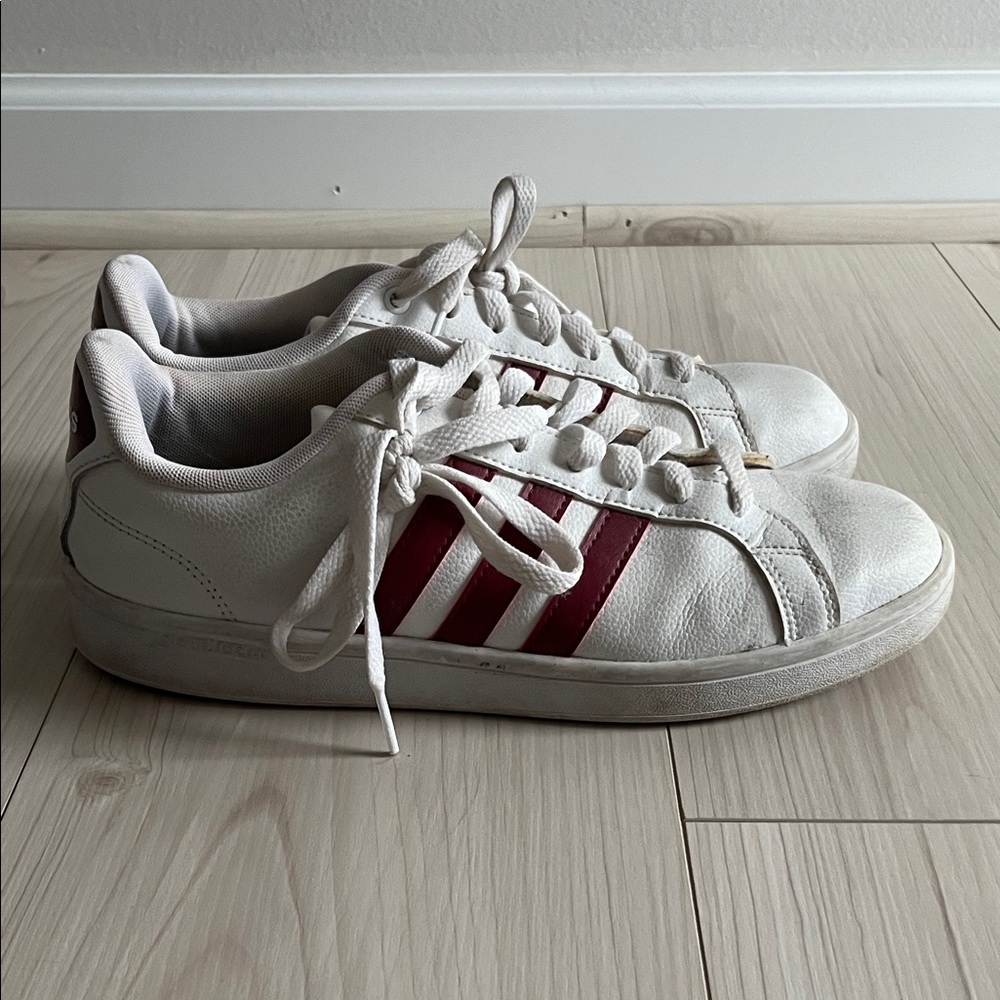 Adidas Classic White Sneakers with Burgundy Stripes